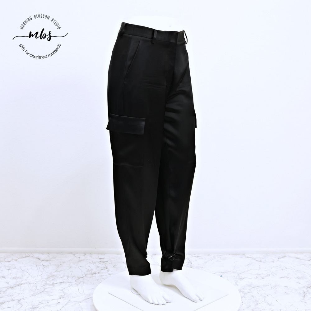 Babaton High-Waist Satin Cargo Pants Cinch Ankles Black Women 4